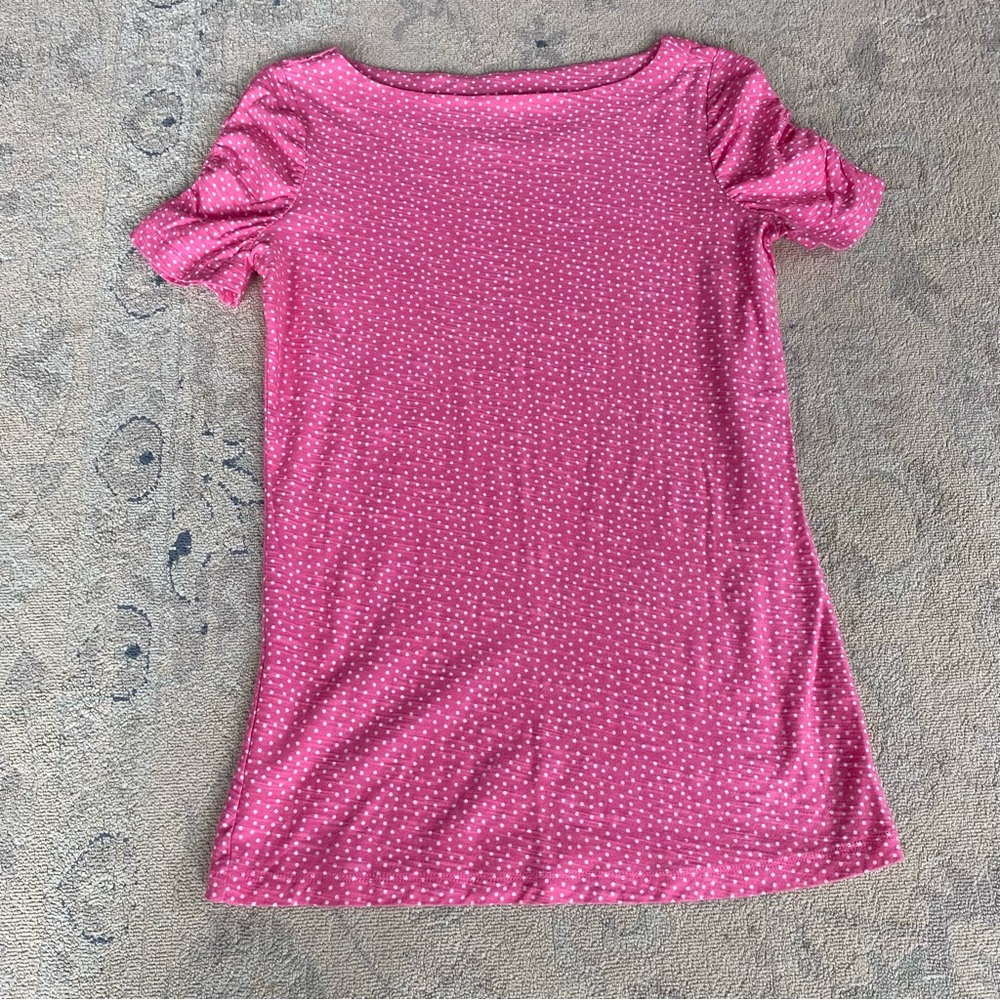 Lily Pullitzer Polka Dot Boat Neck T-Shirt Top Small Pink White Ruched Sleeve